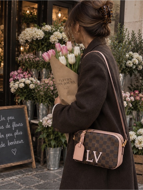 Louis Vuitton Handbags - Louis Vuitton Brown Damier Ebene Canvas and Pink Leather Santa Monica Camera Bag